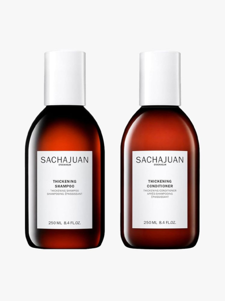 Sachajuan Thickening Shampoo and Conditioner in branded bottle components on a light gray background
