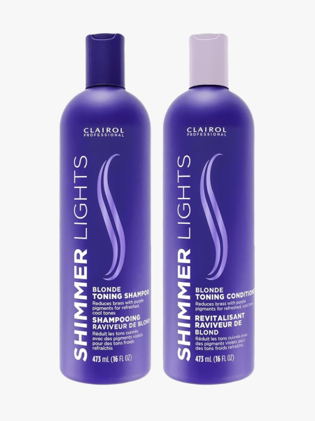 Clairol Professional Shimmer Lights Shampoo and Conditioner in branded bottle components on a light gray background